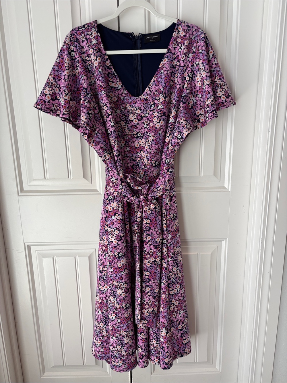 Lane Bryant Purple Floral Tie-Waist Midi Dress